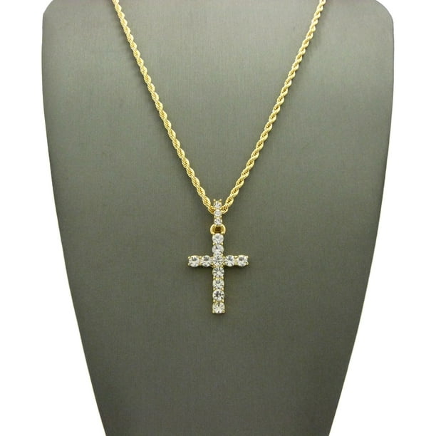 3 Row Solitaire Cross Pendant Sterling Silver Gold Tone Free 18 Necklace Iced Out 